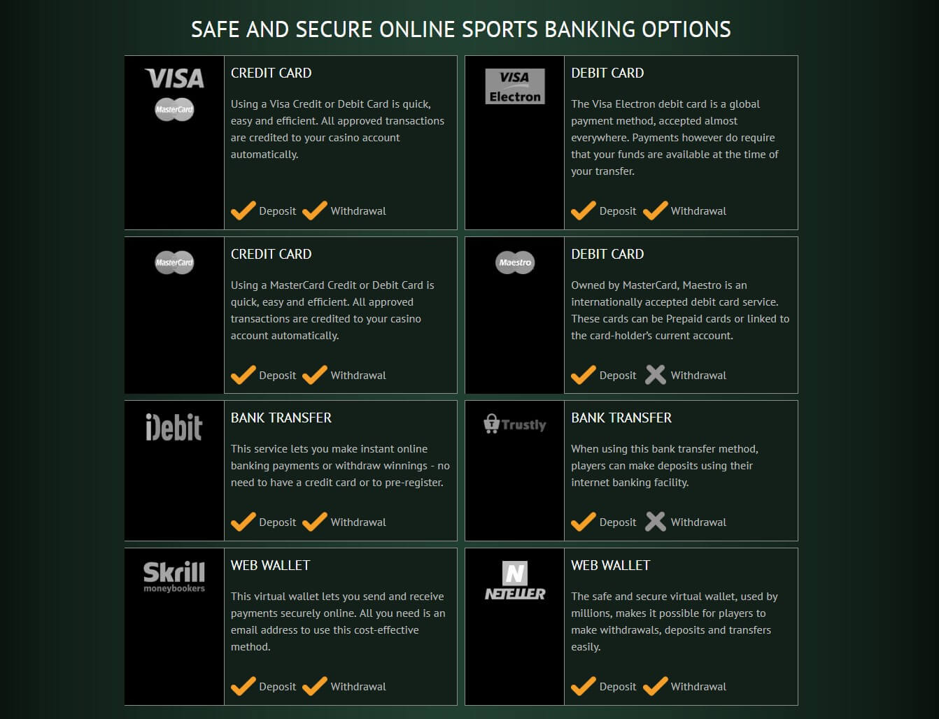 Available banking options at Spin Palace Sports